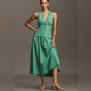 Anthropologie Maeve Halter V-Neck Drop-Waist Midi Dress Green